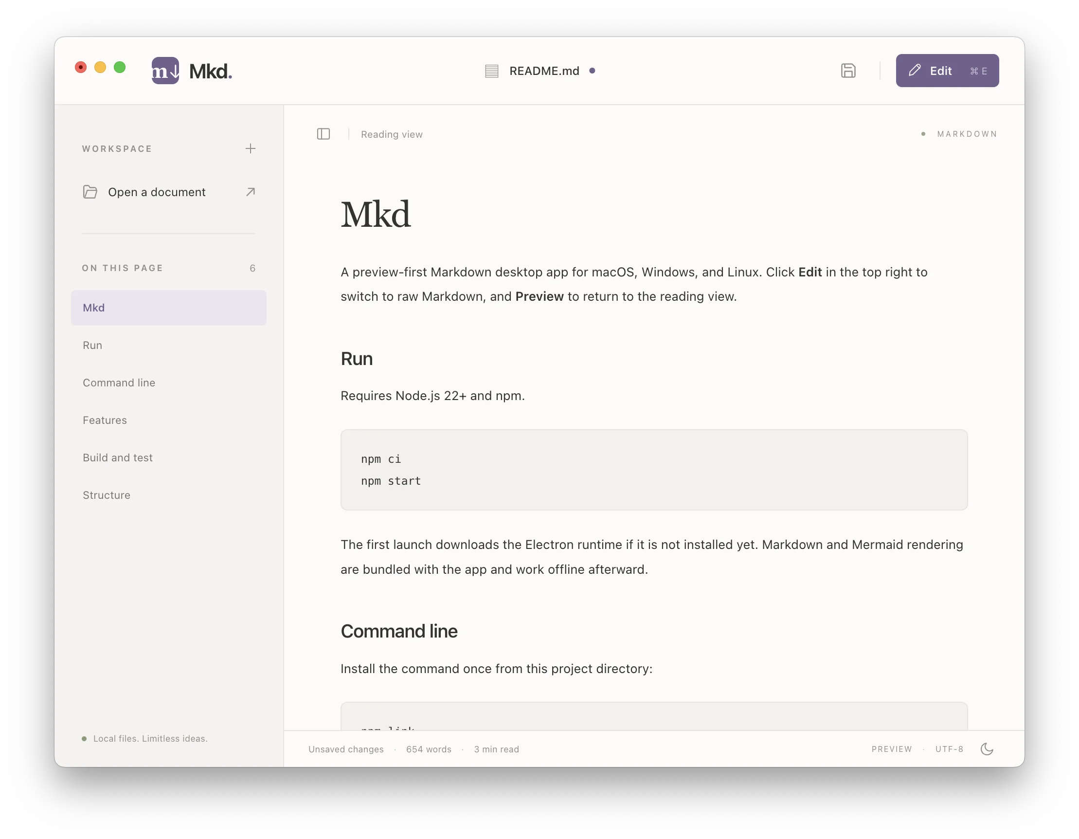 mkd displaying a formatted README in reading view, with a document outline on the left and an Edit button above.